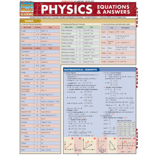 Physics Equations & Answers- Quick Study Guide