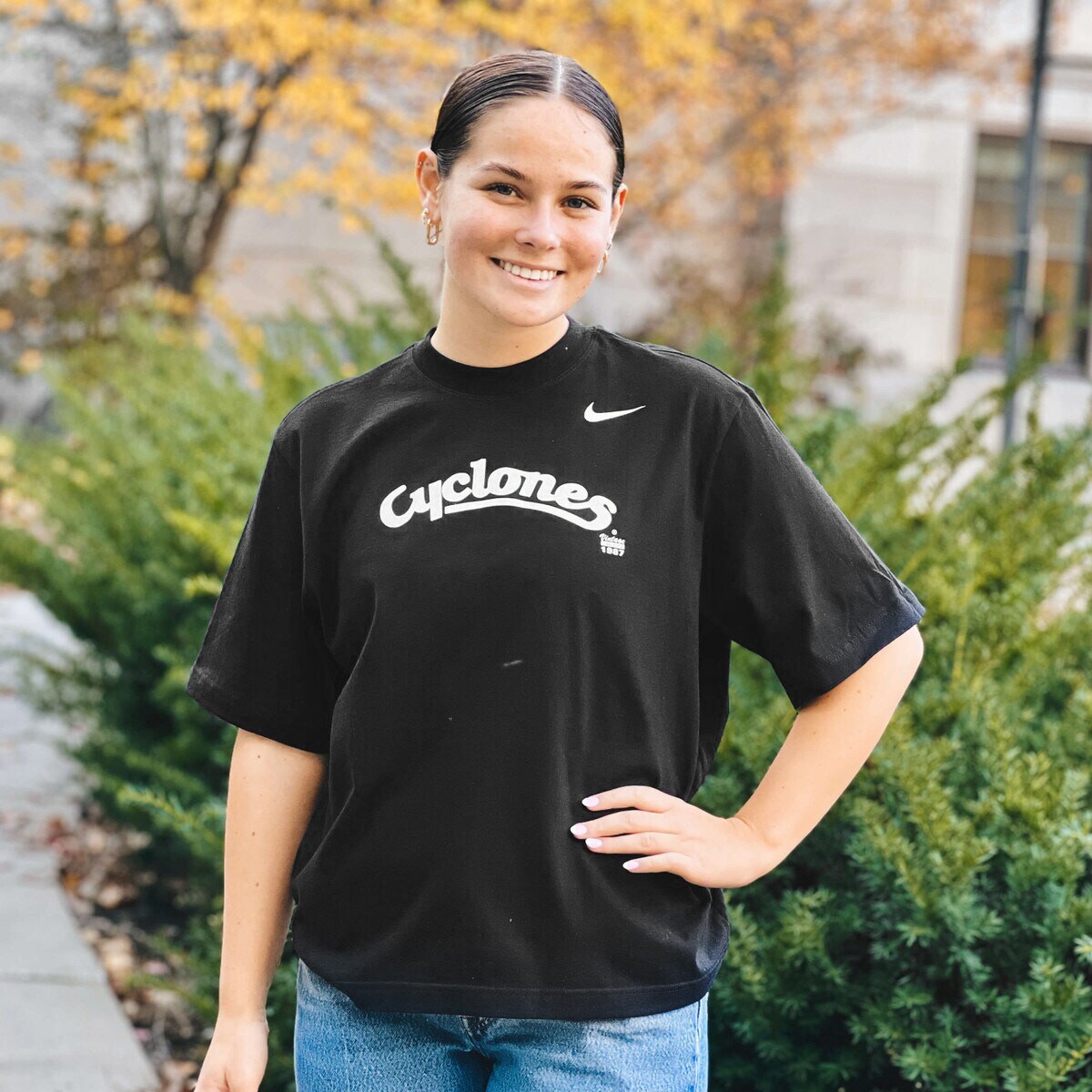Nike® Women's Vintage Cyclones Script Black Boxy T-shirt